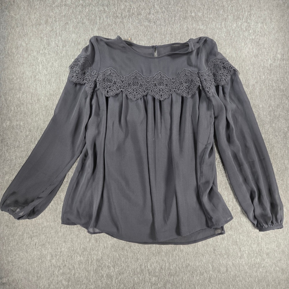 Abercrombie & Fitch Blouse Womens XS Gray Lace Trim Long Sleeve Chiffon Top